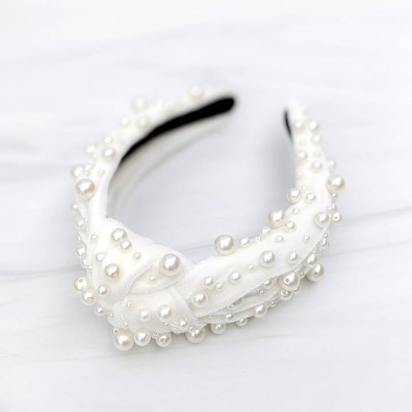 Ivory Pearl Knot Velvet Headband Pearl Beads Handmade Knotted Turban Maximalist